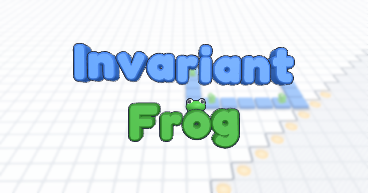 Invariant Frog, in puffy 3D letters, over a plane of tiles where frogs hop around a ring